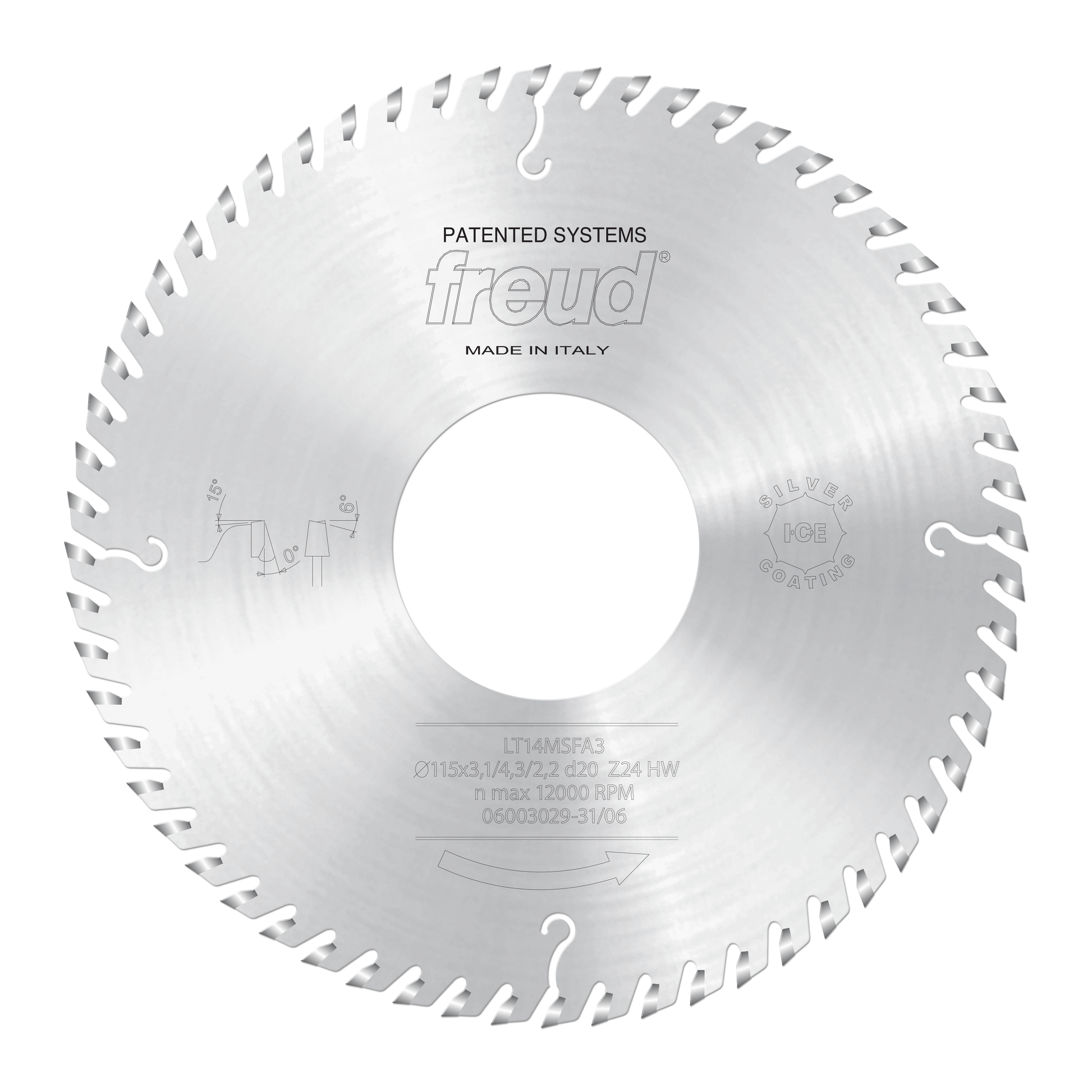 Freud LT14MSFA3 255mm circular saw blade with serrated teeth and center hole, marked "Patented Systems" and "Made in Italy".