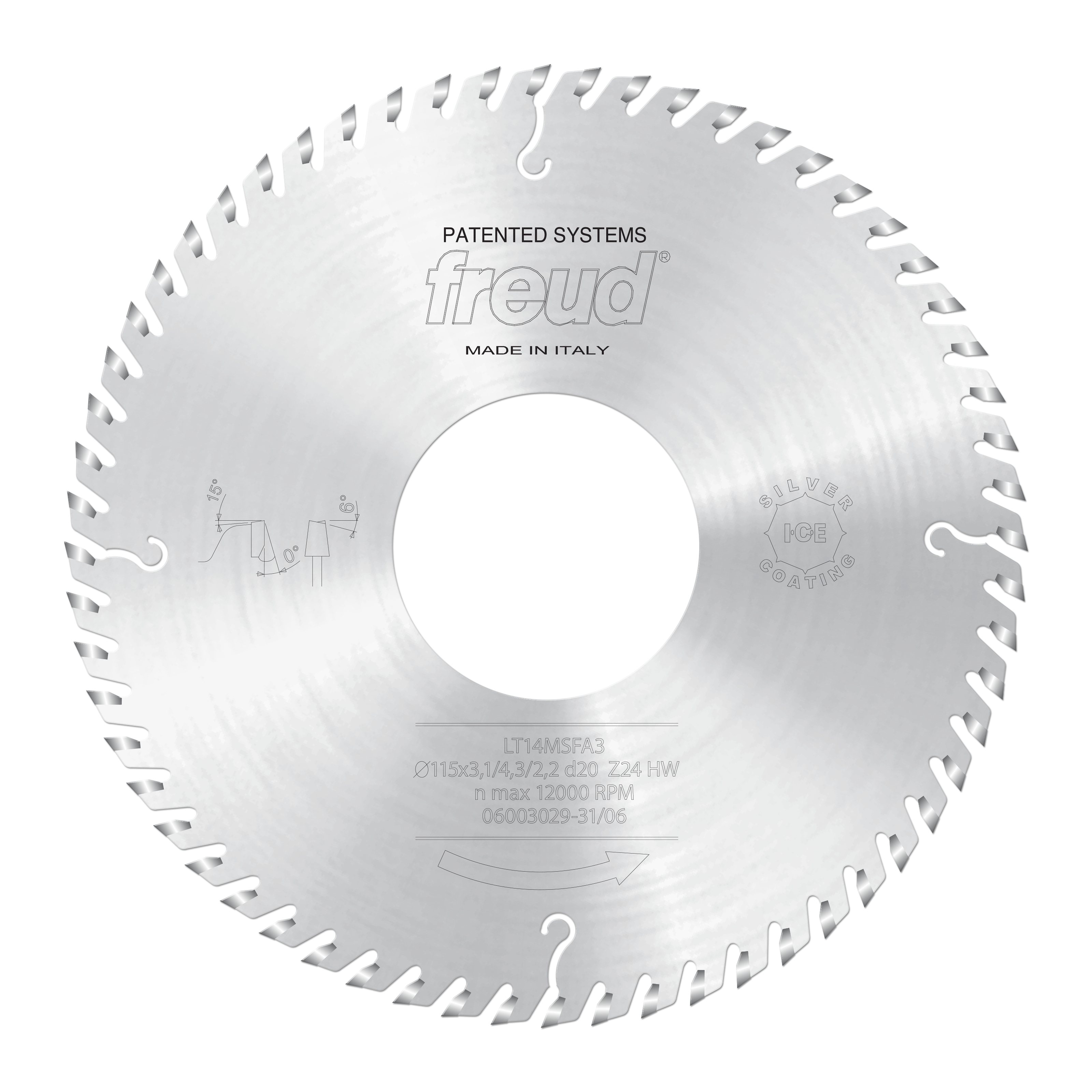 Freud LT14MSFA3 255mm circular saw blade with serrated teeth and center hole, marked "Patented Systems" and "Made in Italy".