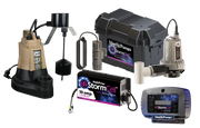 Liberty Pumps sump pump combo system with two pumps, battery backup charger, alarm unit, and wireless control panel displayed
