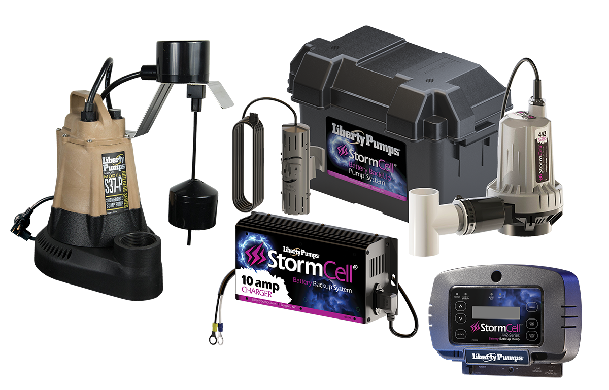 Liberty Pumps sump pump combo system with two pumps, battery backup charger, alarm unit, and wireless control panel displayed