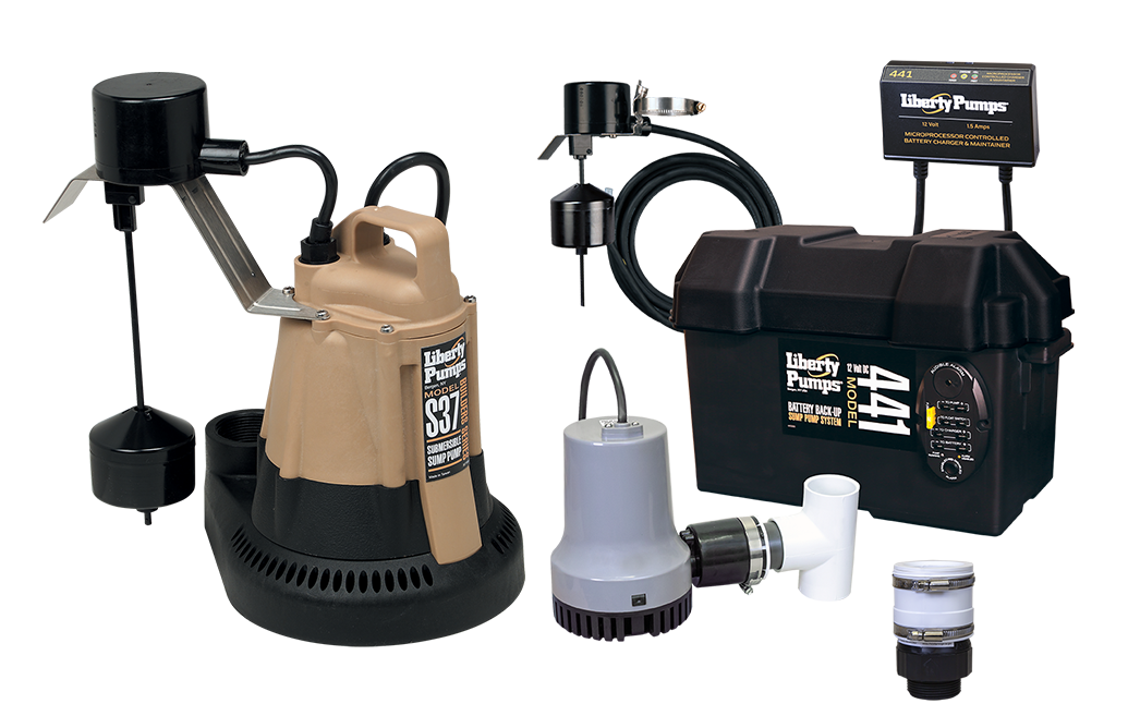 Two-pump sump system with tan primary pump, black backup pump in battery box, switches, and plastic components.