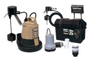 Two-pump sump system with tan primary pump, black backup pump in battery box, switches, and plastic components.
