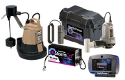 Sump pump combo system with tan primary pump, silver backup pump, black storage basin, charger, battery backup unit, and digi