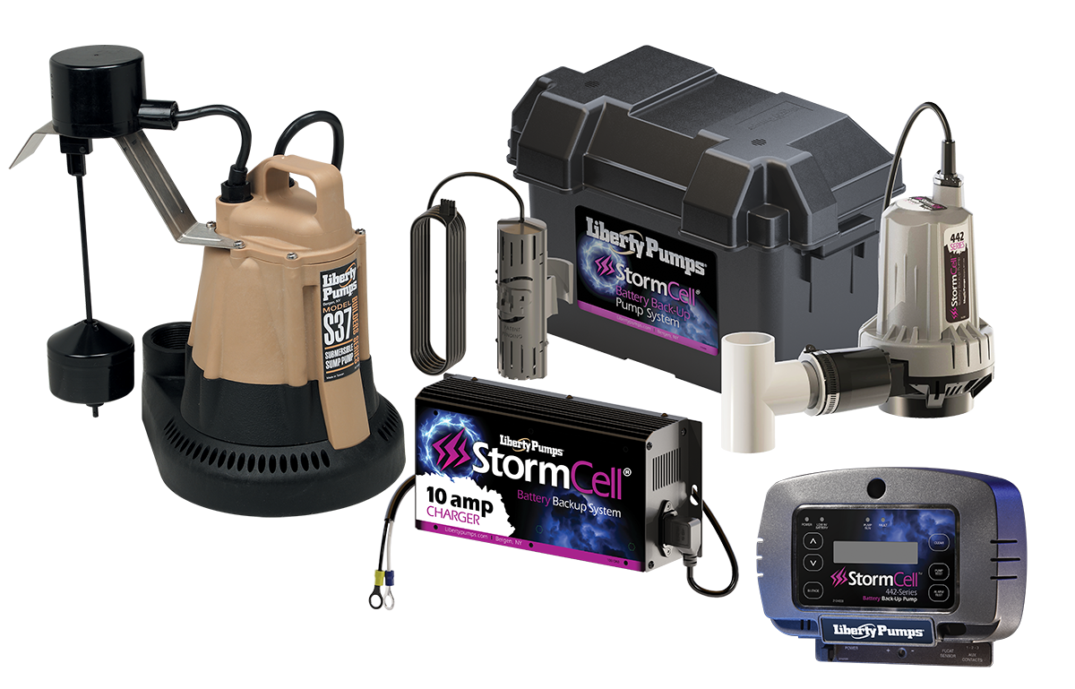 Sump pump combo system with tan primary pump, silver backup pump, black storage basin, charger, battery backup unit, and digi