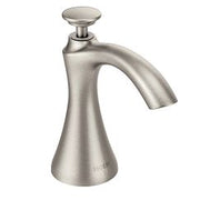 Stainless steel soap dispenser with curved spout and round pump top.