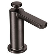 Black stainless steel soap dispenser with tall cylindrical pump body and angled spout.