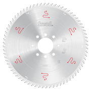 Silver circular saw blade with teeth around perimeter, central arbor hole, and red markings on face for Freud LSB43009X panel