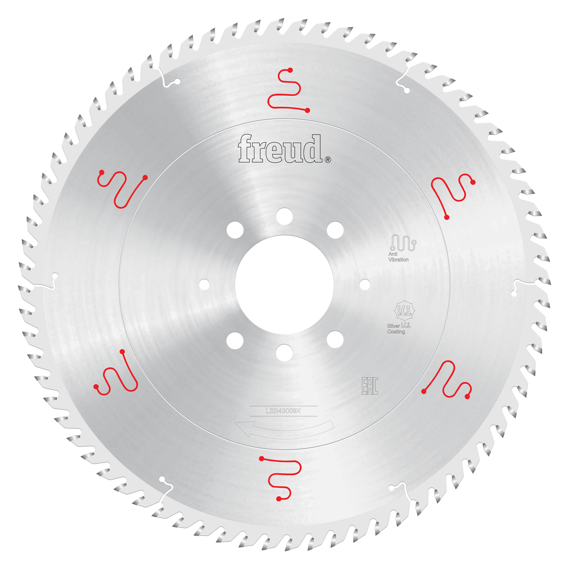 Silver circular saw blade with teeth around perimeter, central arbor hole, and red markings on face for Freud LSB43009X panel