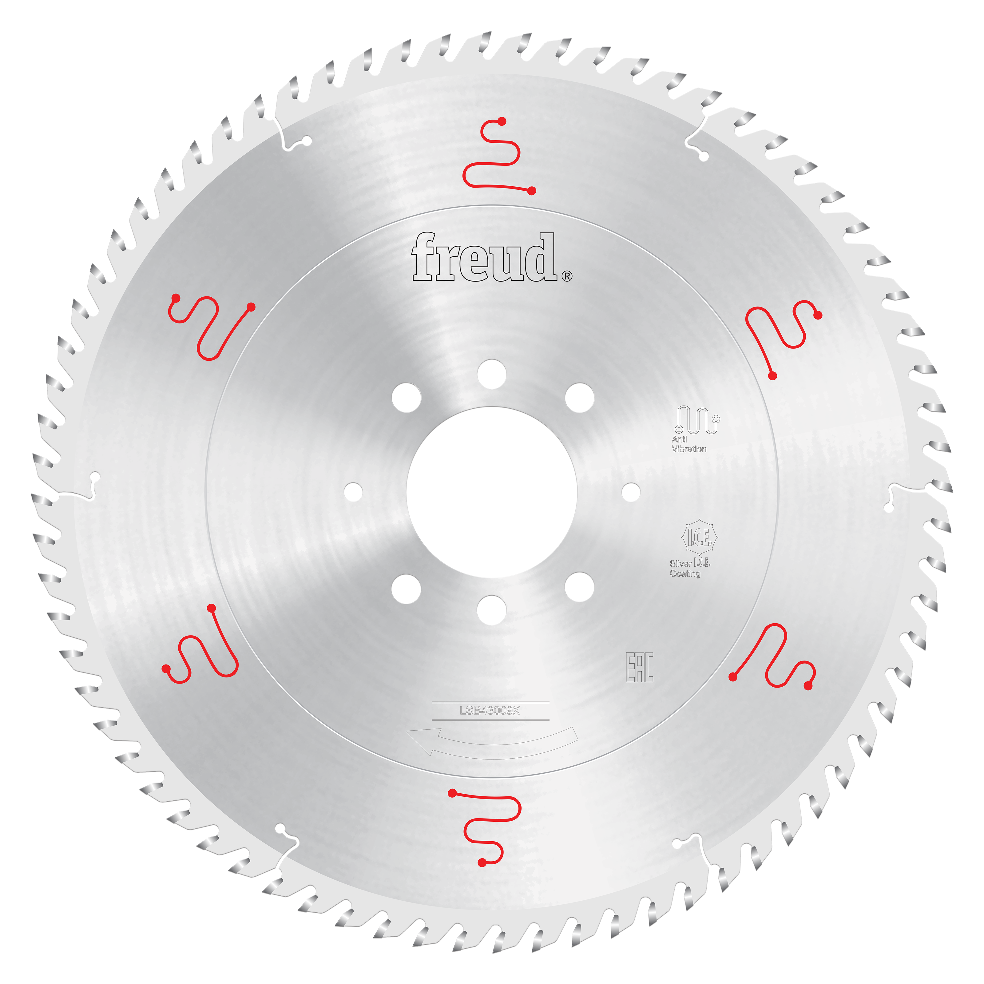 Silver circular saw blade with teeth around perimeter, central arbor hole, and red markings on face for Freud LSB43009X panel
