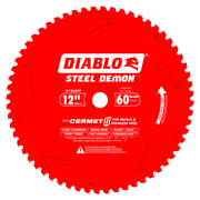Red circular saw blade with 60 teeth, white center arbor hole, and Diablo Steel Demon branding.