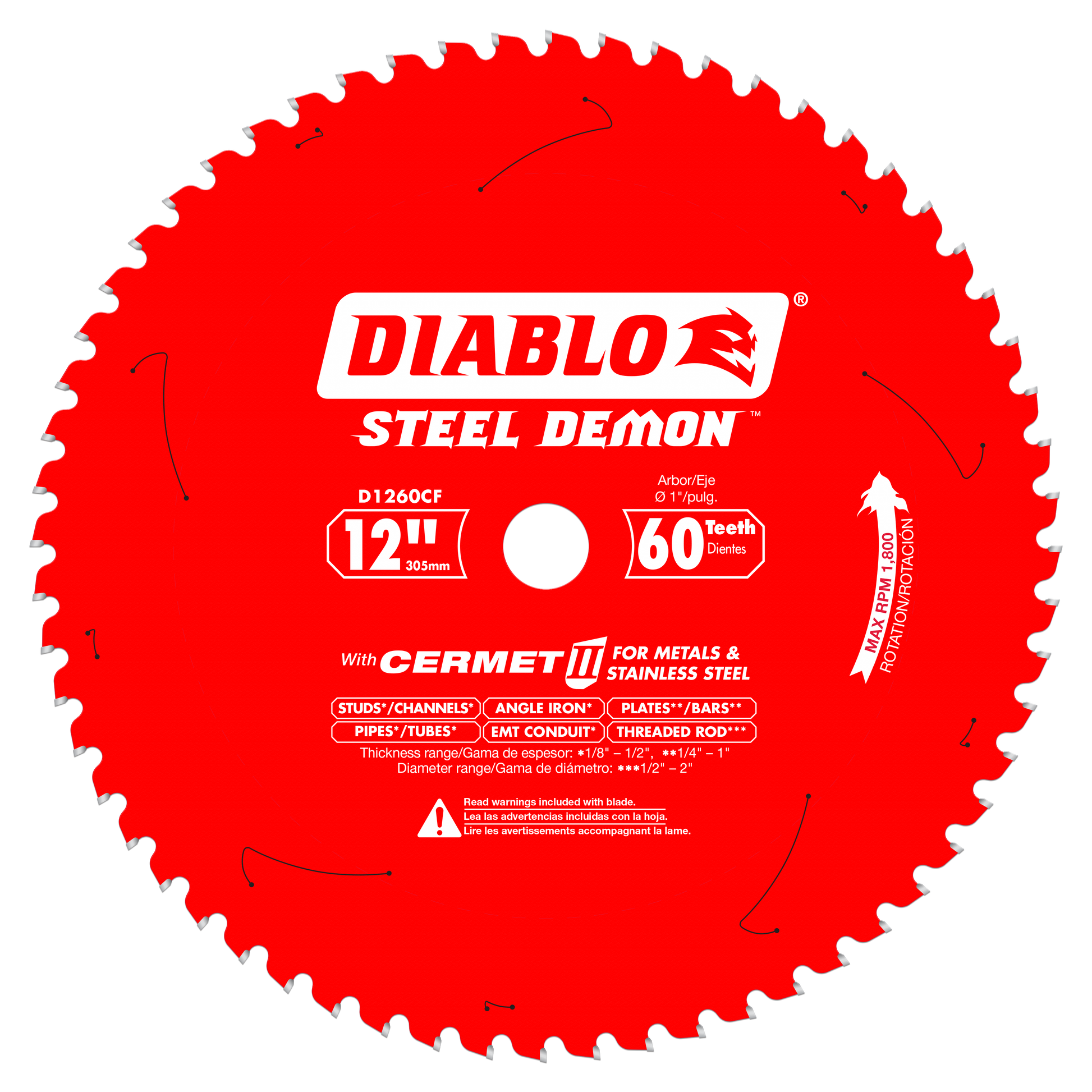 Red circular saw blade with 60 teeth, white center arbor hole, and Diablo Steel Demon branding.