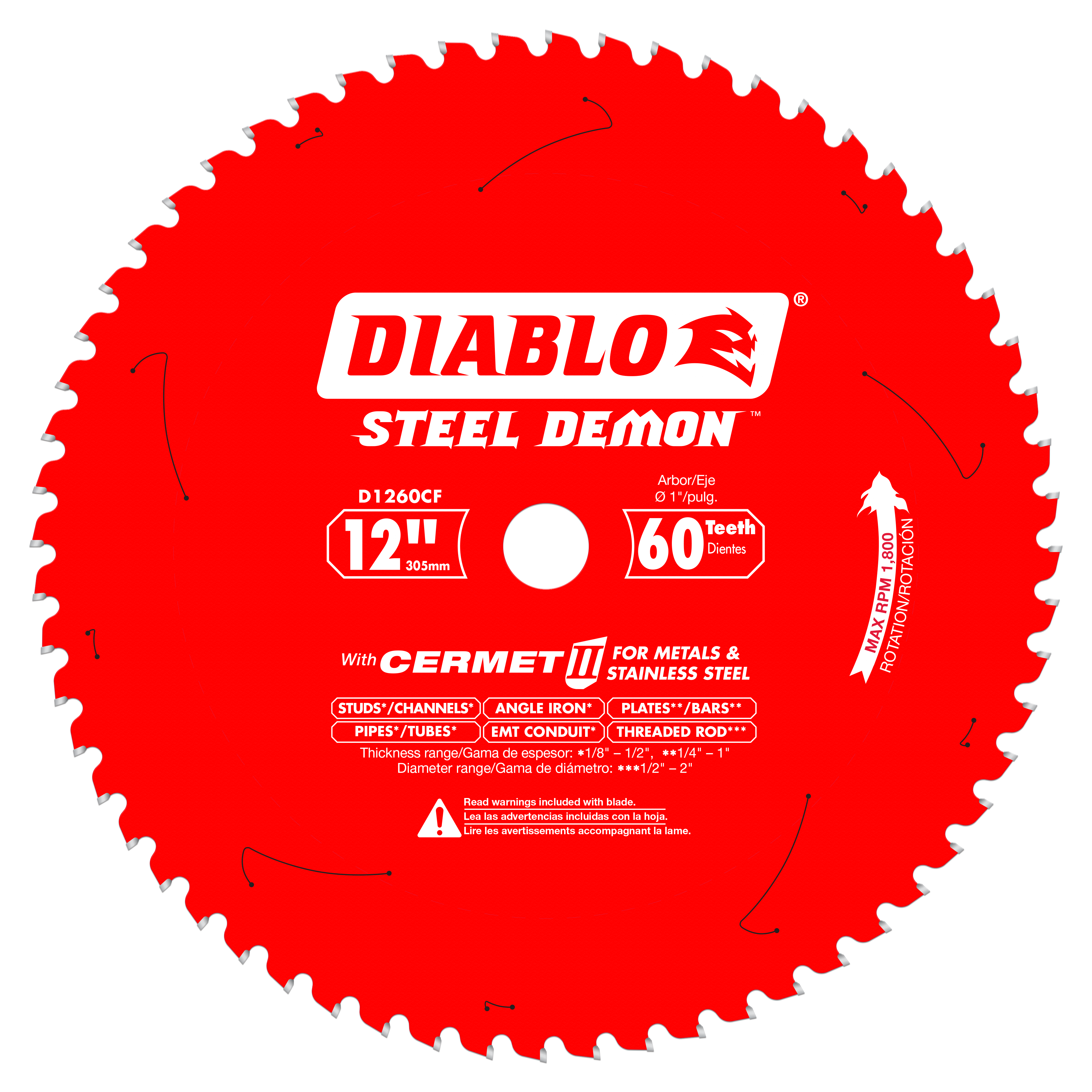 Red circular saw blade with 60 teeth, white center arbor hole, and Diablo Steel Demon branding.