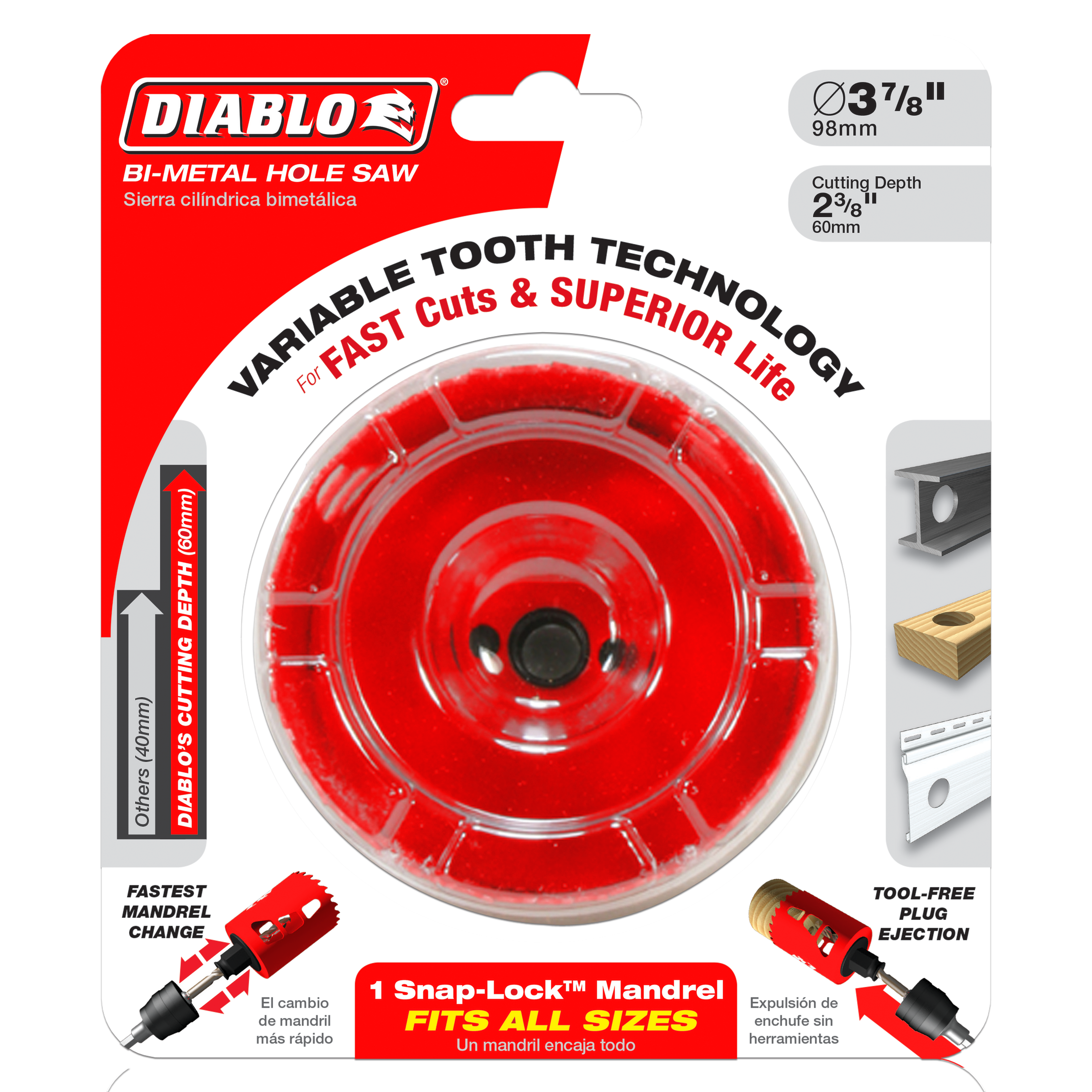 Diablo bi-metal hole saw with red cutting head, 3-7/8 inch diameter, featuring variable tooth technology and snap-lock mandre