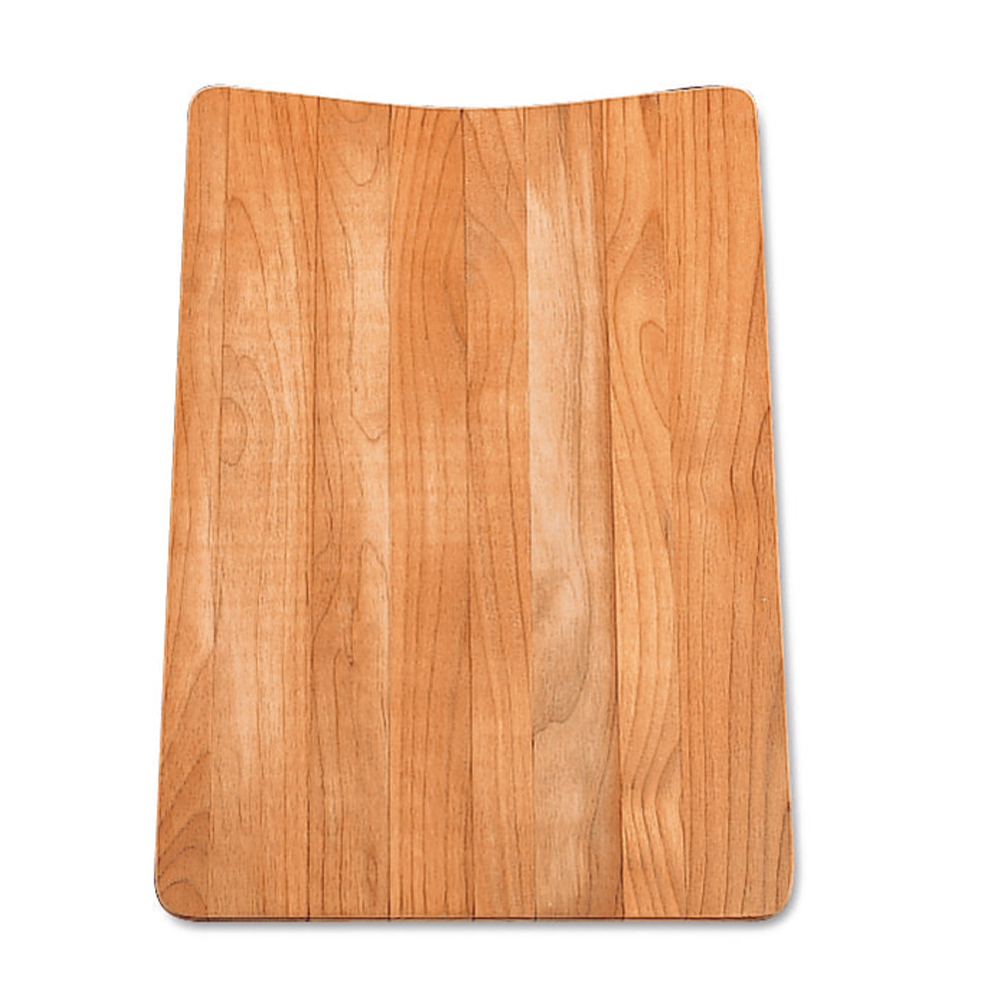 Light wood cutting board with rounded corners and natural grain pattern visible throughout.