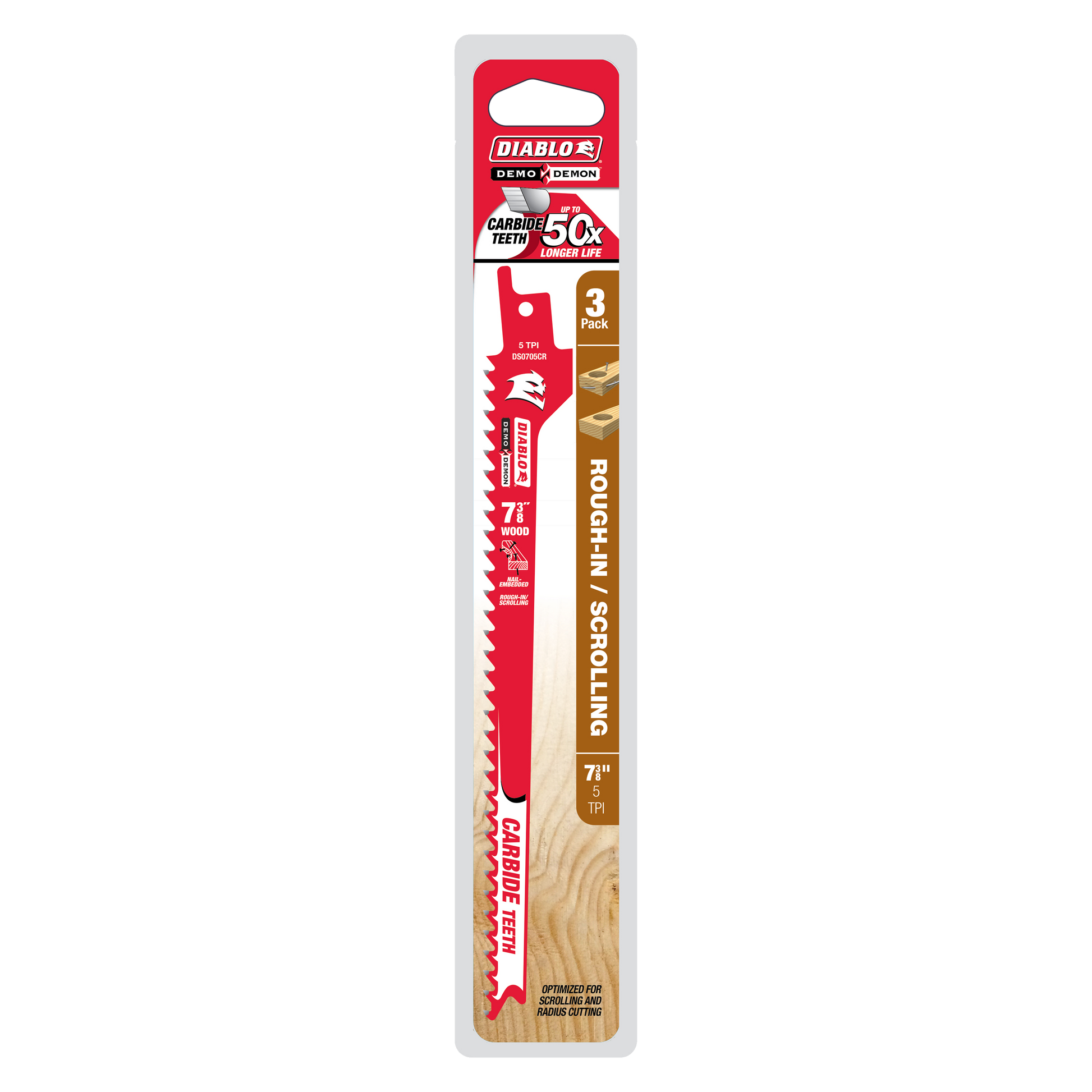 Diablo reciprocating blade with red body, carbide teeth, white mounting hole, packaged with two additional blades in clear pl