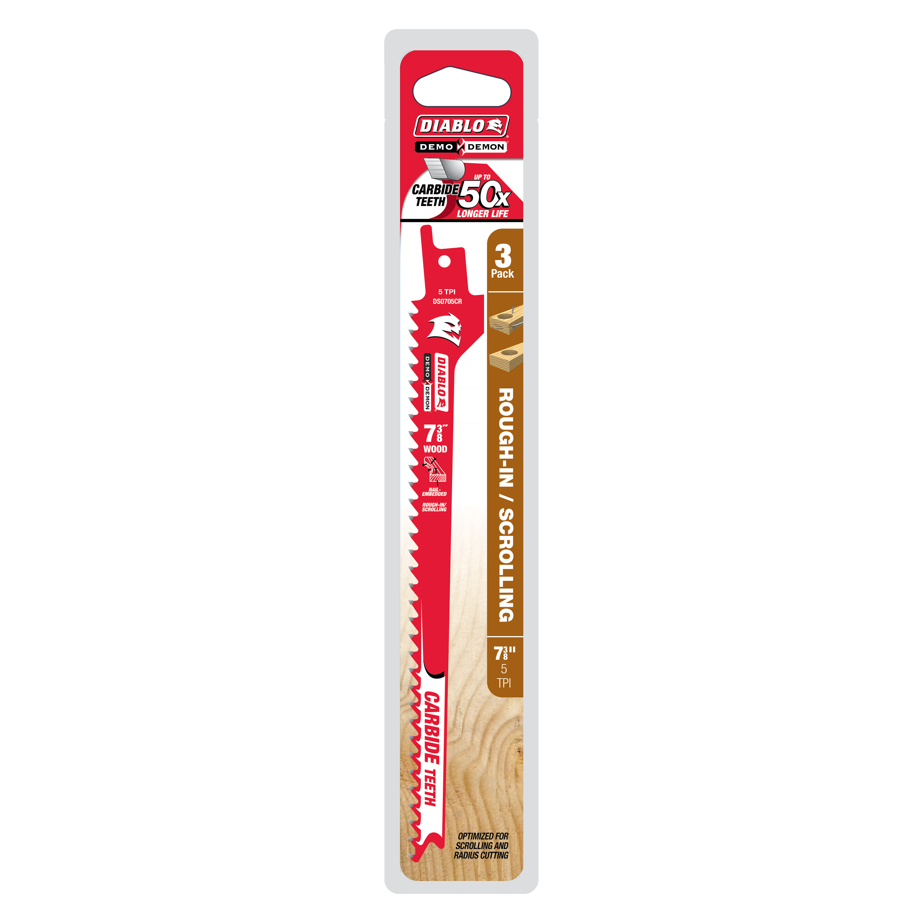 Diablo reciprocating blade with red body, carbide teeth, white mounting hole, packaged with two additional blades in clear pl