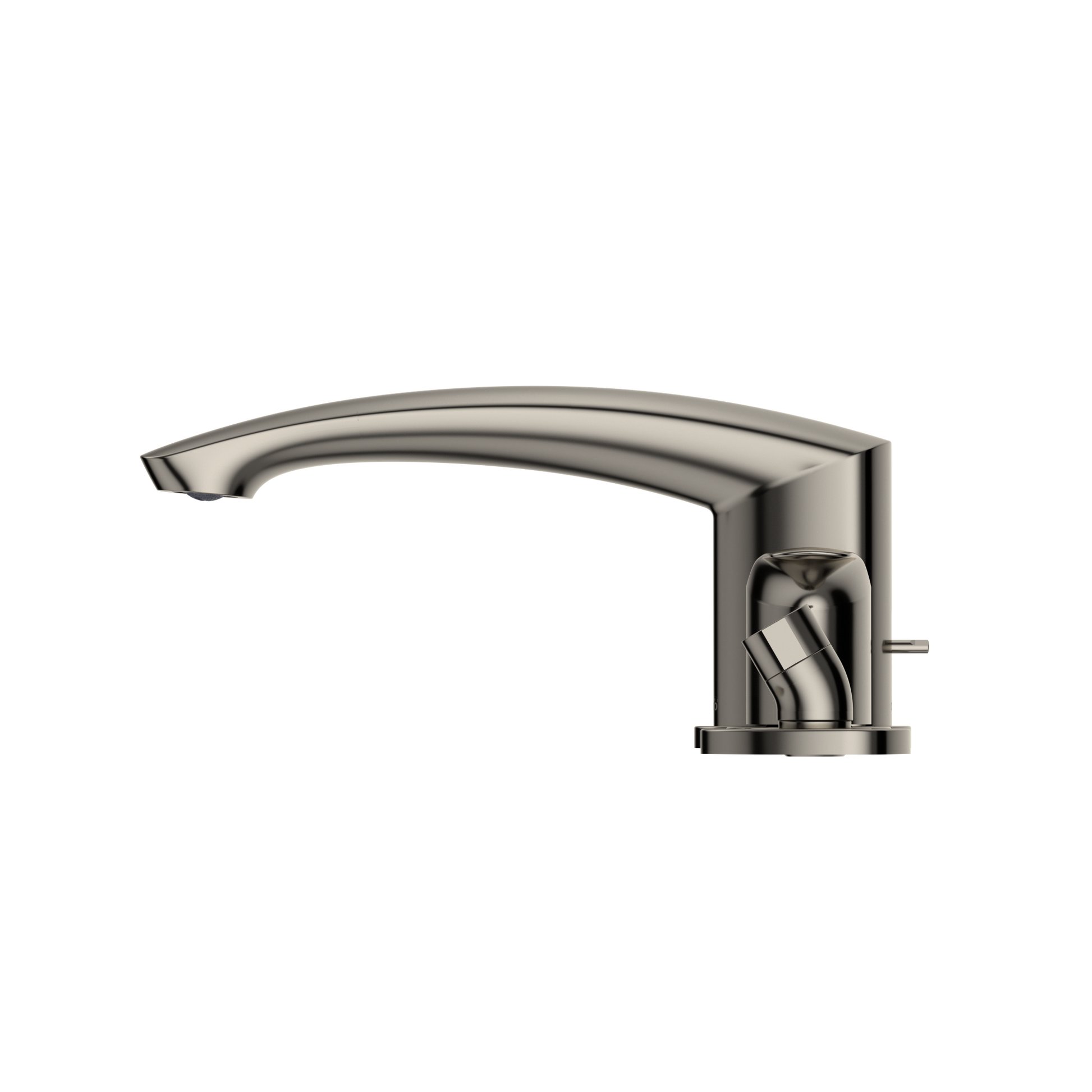 Polished nickel two-handle deck-mount roman tub filler with curved spout and integrated handshower holder.