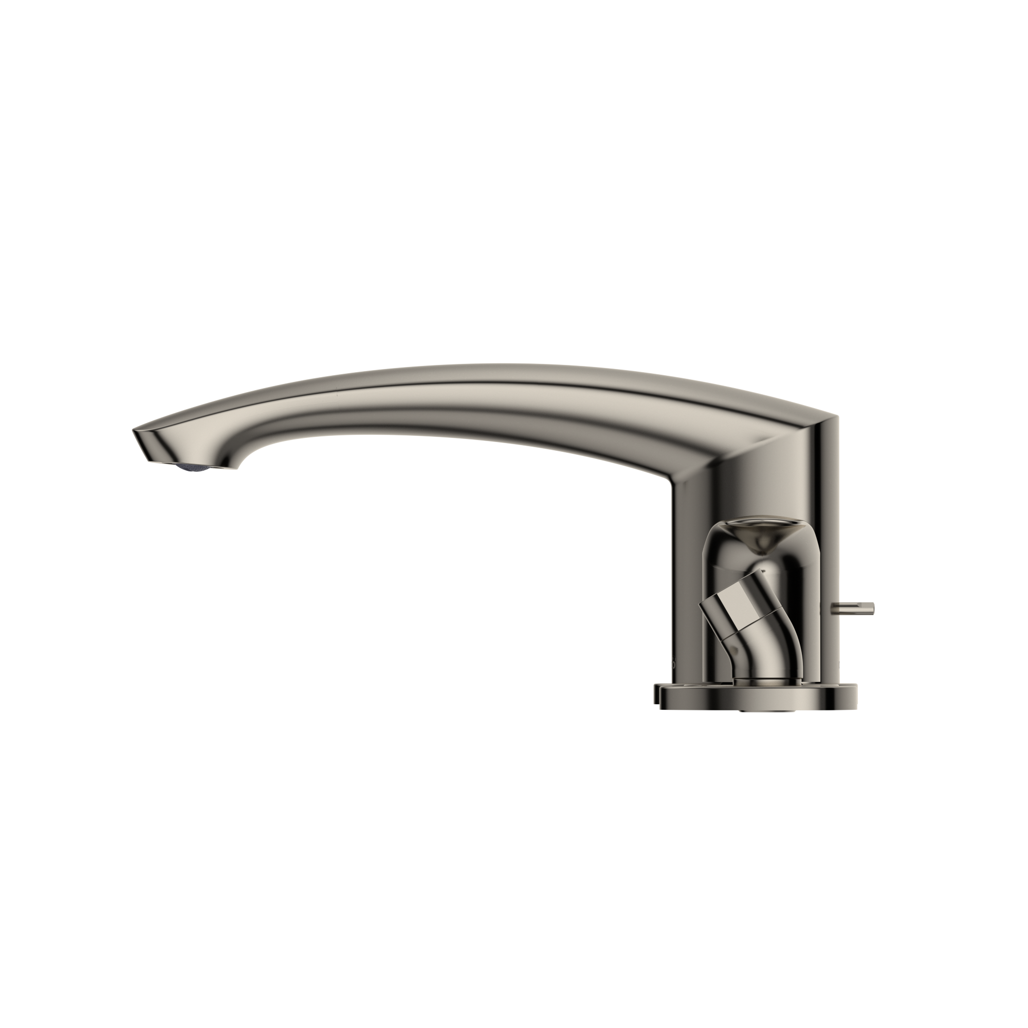 Polished nickel two-handle deck-mount roman tub filler with curved spout and integrated handshower holder.