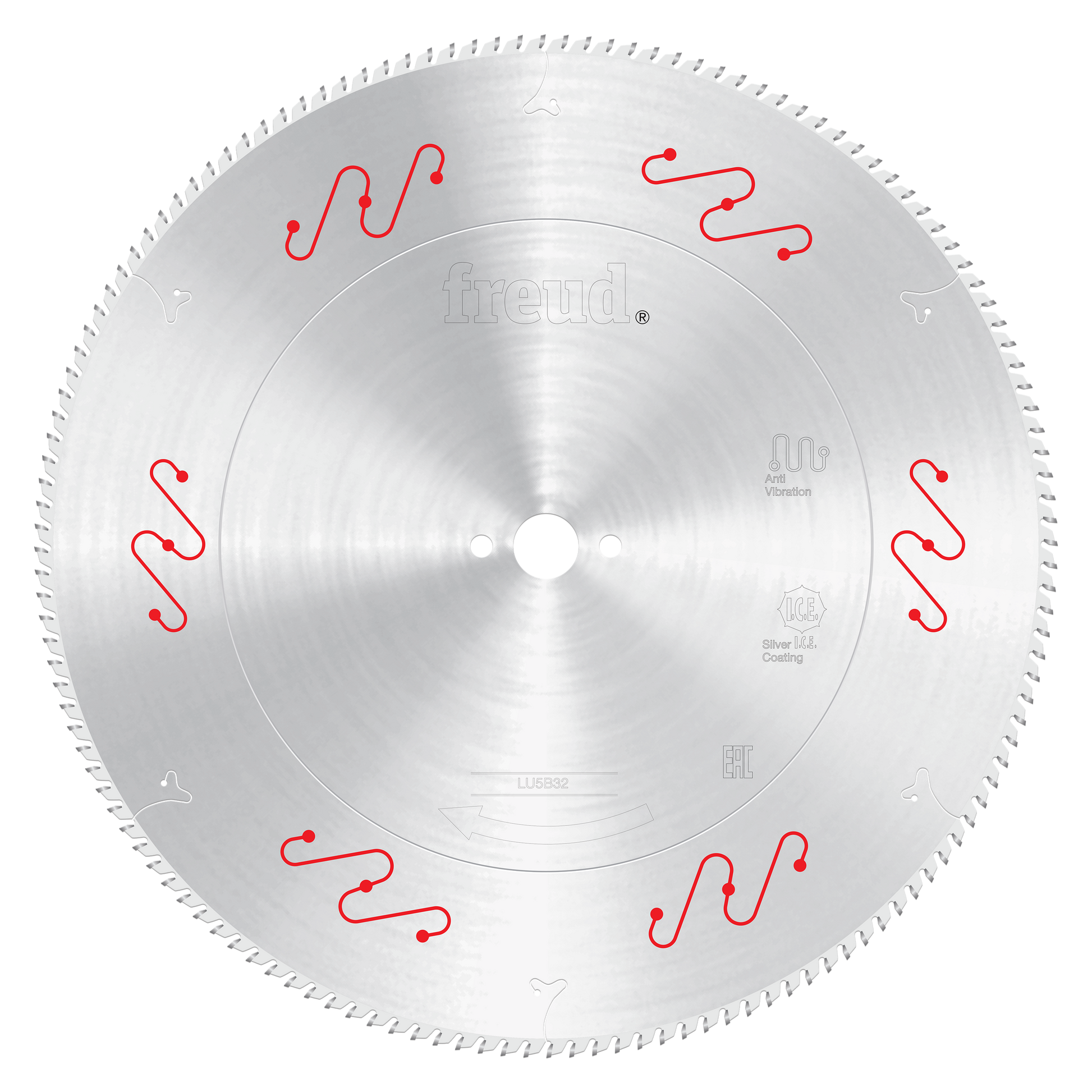 Freud 500mm circular saw blade with fine teeth and red mechanical clamping symbols around the edge.