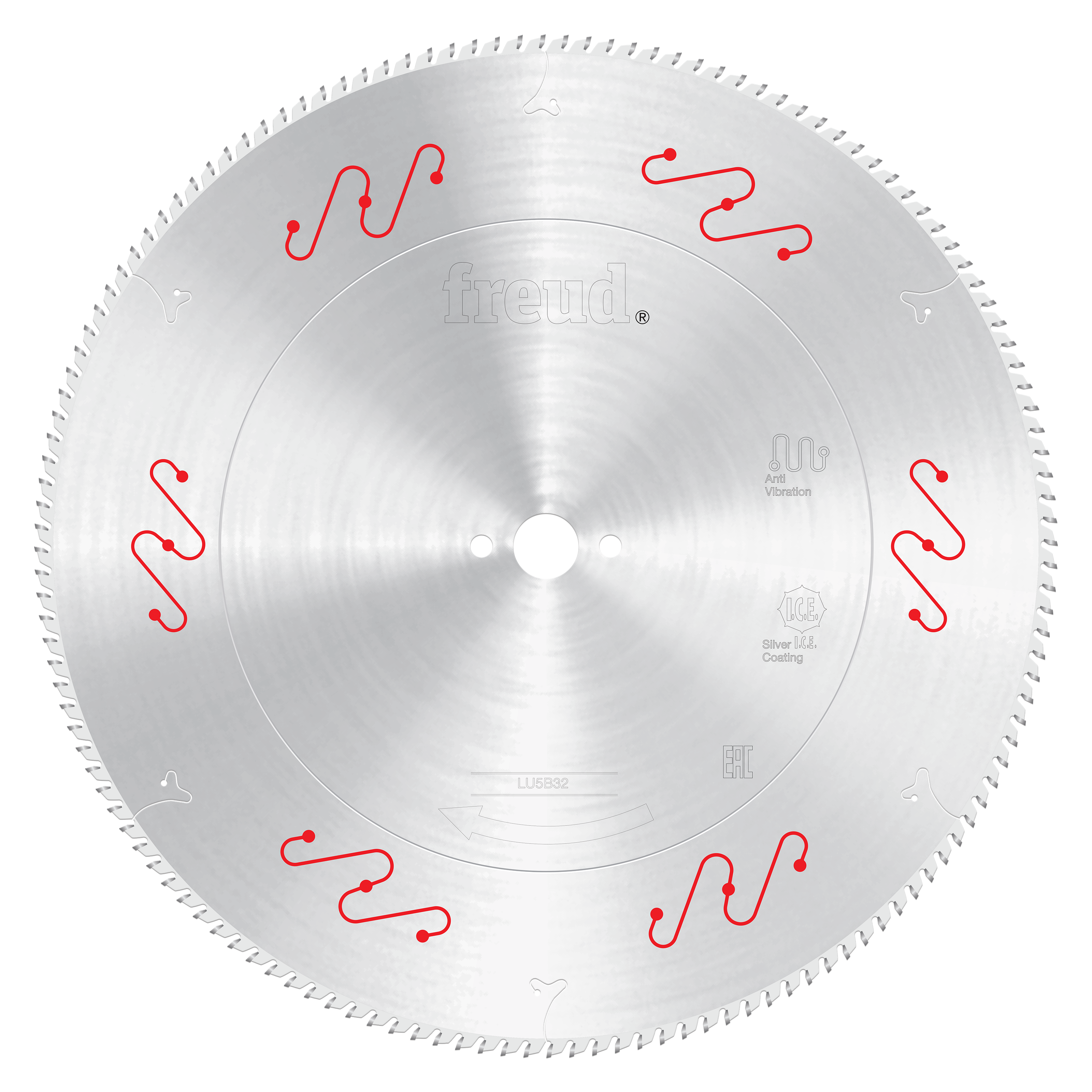 Freud 500mm circular saw blade with fine teeth and red mechanical clamping symbols around the edge.