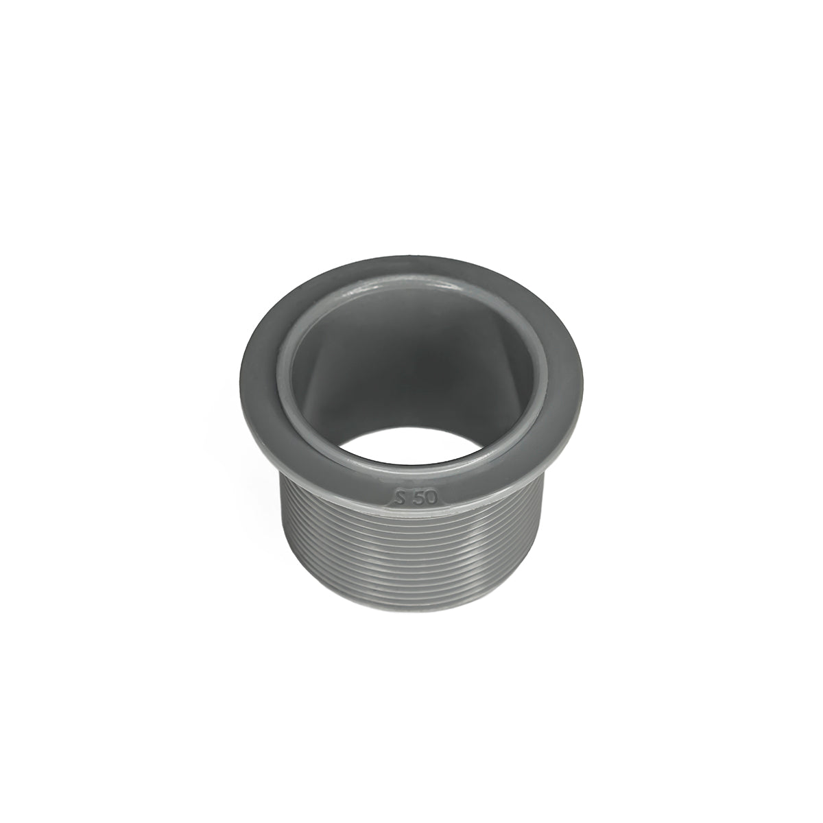 Gray cylindrical drain component with threaded base and open top, marked "S 50".