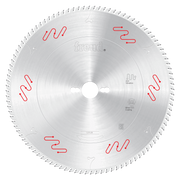 Silver circular saw blade with carbide-tipped teeth around the edge and red vibration damping slots on the face.