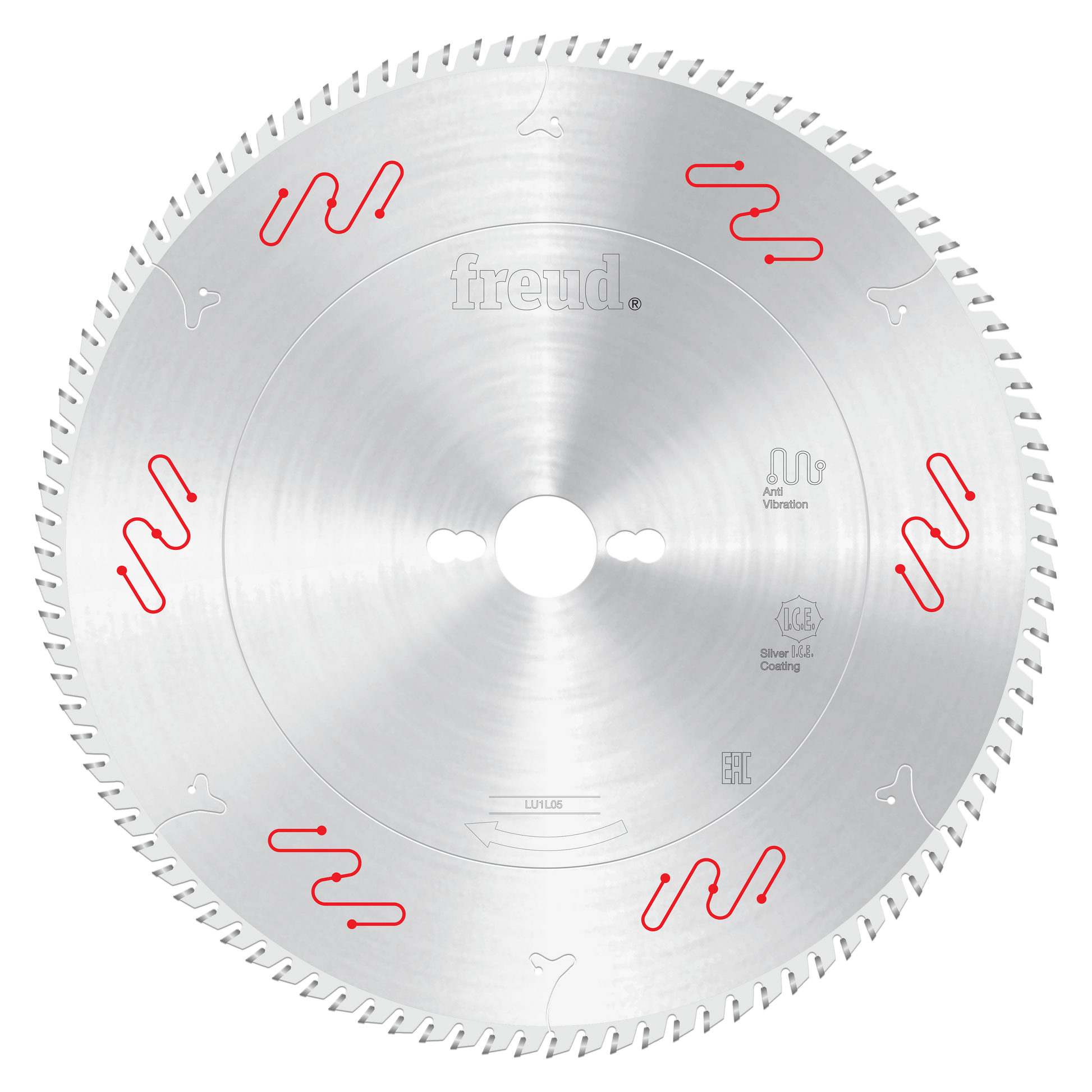 Silver circular saw blade with carbide-tipped teeth around the edge and red vibration damping slots on the face.