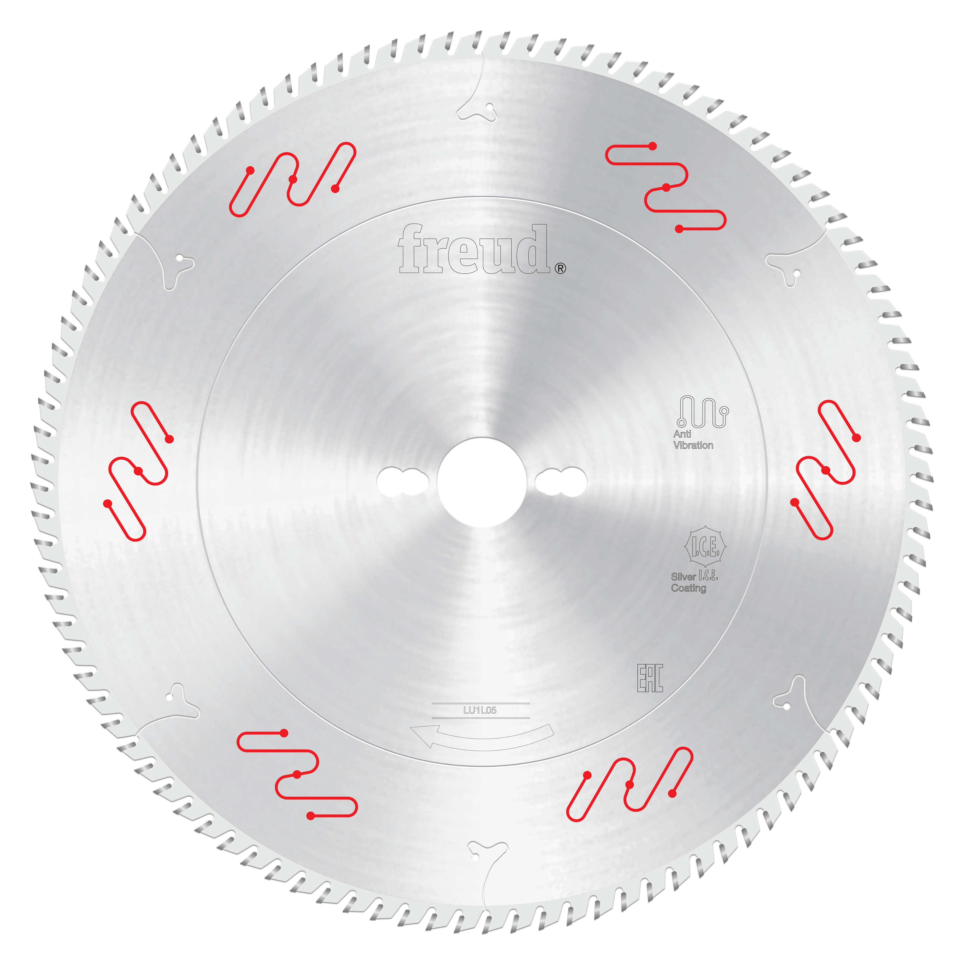Silver circular saw blade with carbide-tipped teeth around the edge and red vibration damping slots on the face.