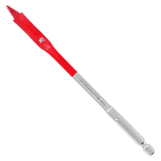 Red and gray spade bit with flat paddle-shaped tip and hex shank for drill attachment.