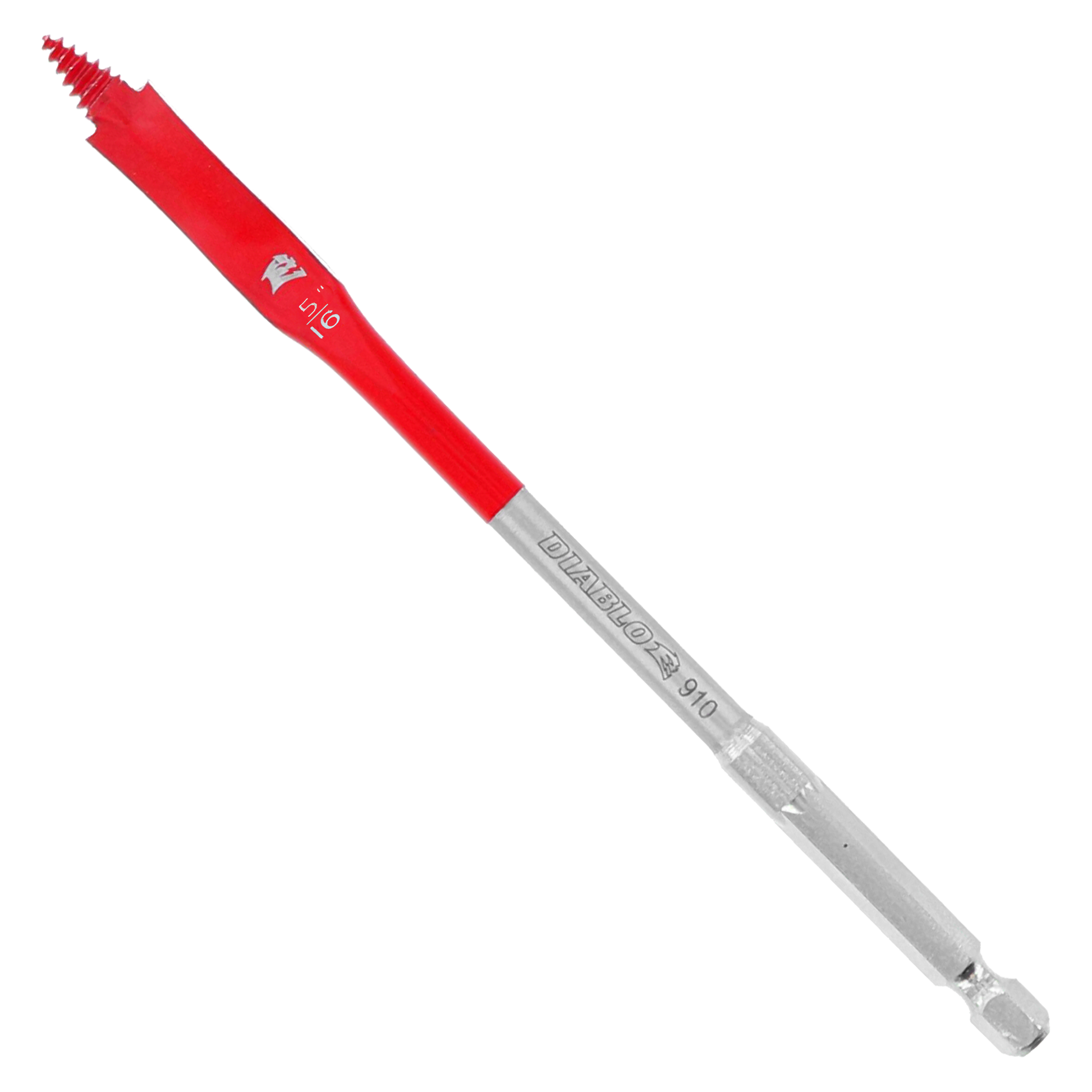 Red and gray spade bit with flat paddle-shaped tip and hex shank for drill attachment.