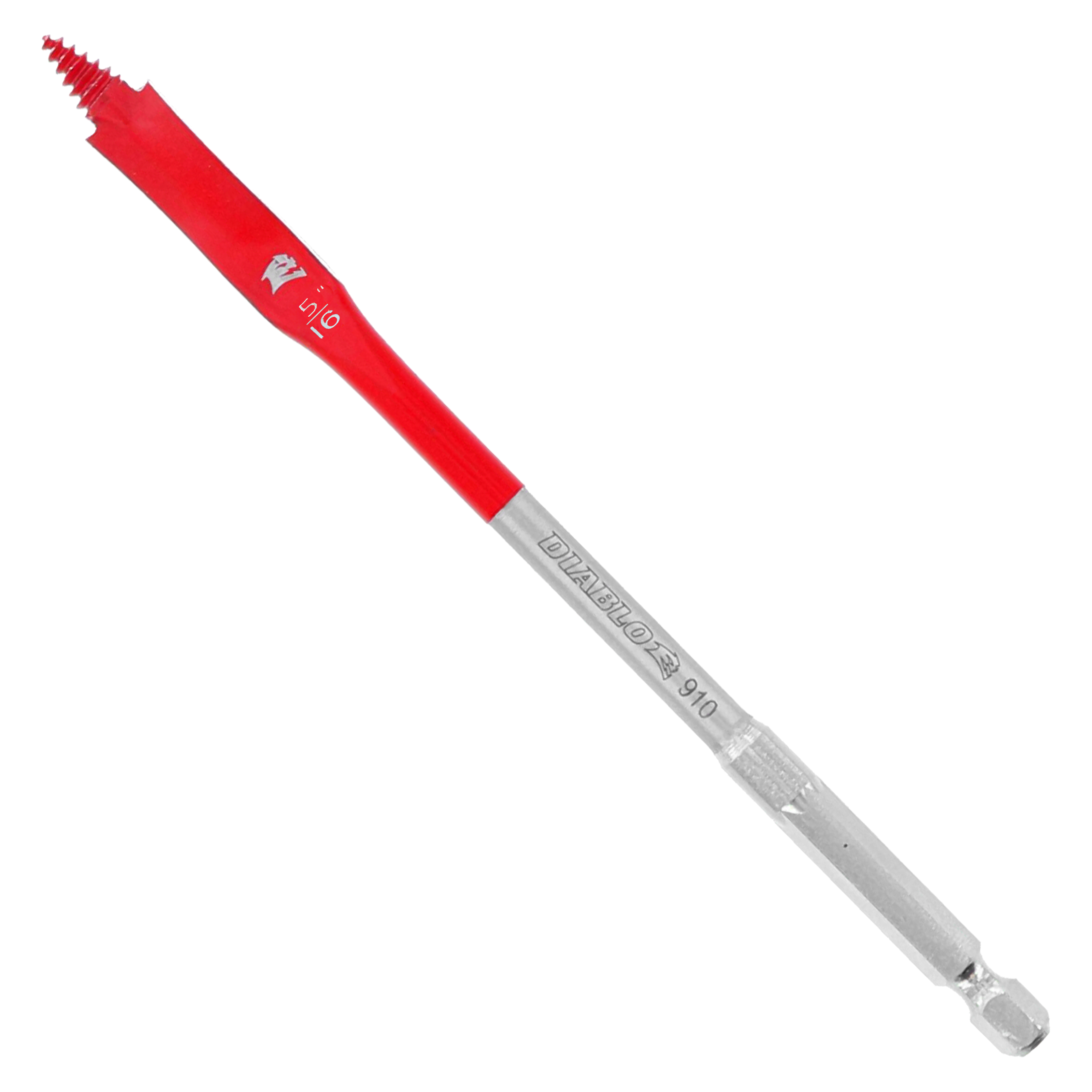 Red and gray spade bit with flat paddle-shaped tip and hex shank for drill attachment.