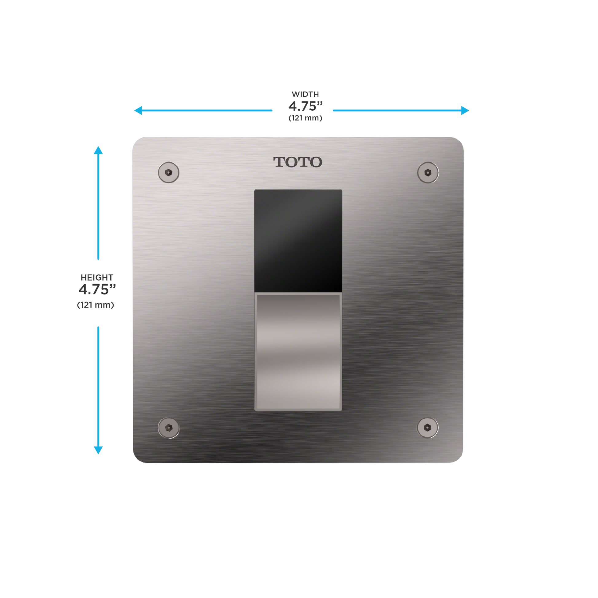 Polished chrome square cover plate with sensor window and four mounting holes, 4.75 inches wide and tall.