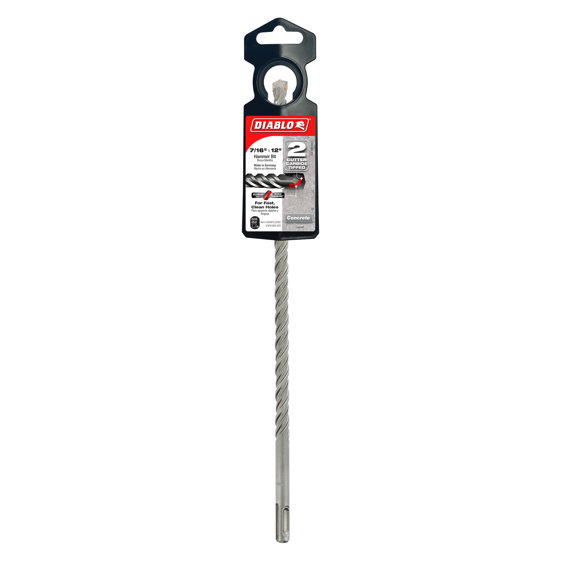 Diablo SDS-Plus hammer drill bit with two cutting edges and black packaging, displayed vertically.