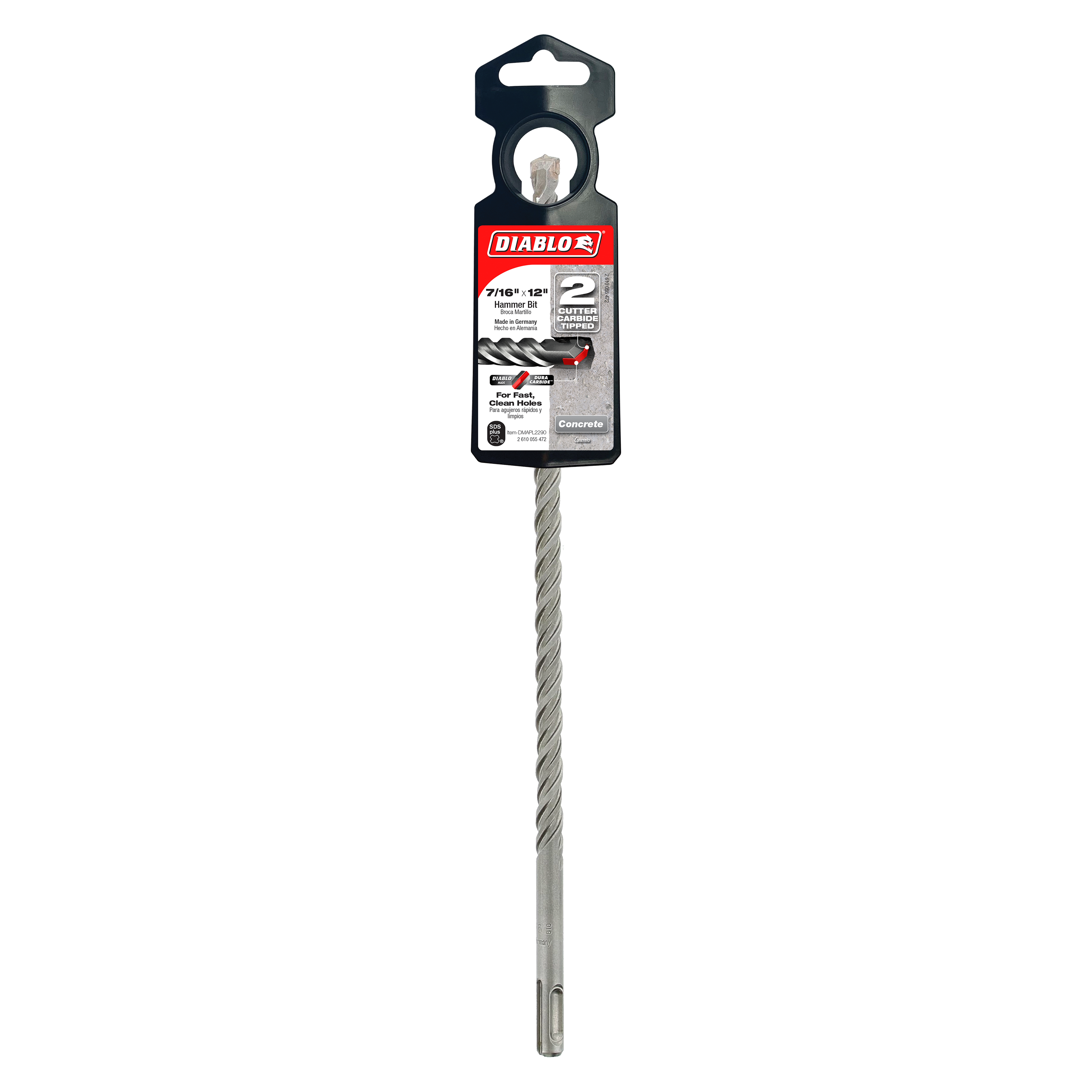 Diablo SDS-Plus hammer drill bit with two cutting edges and black packaging, displayed vertically.
