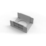 Gray plastic linear drain component with curved central channel and rectangular side slots.