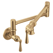 Bronzed gold wall-mounted swing arm pot filler with dual lever handles and articulating spout.
