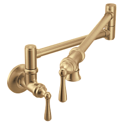 Bronzed gold wall-mounted swing arm pot filler with dual lever handles and articulating spout.