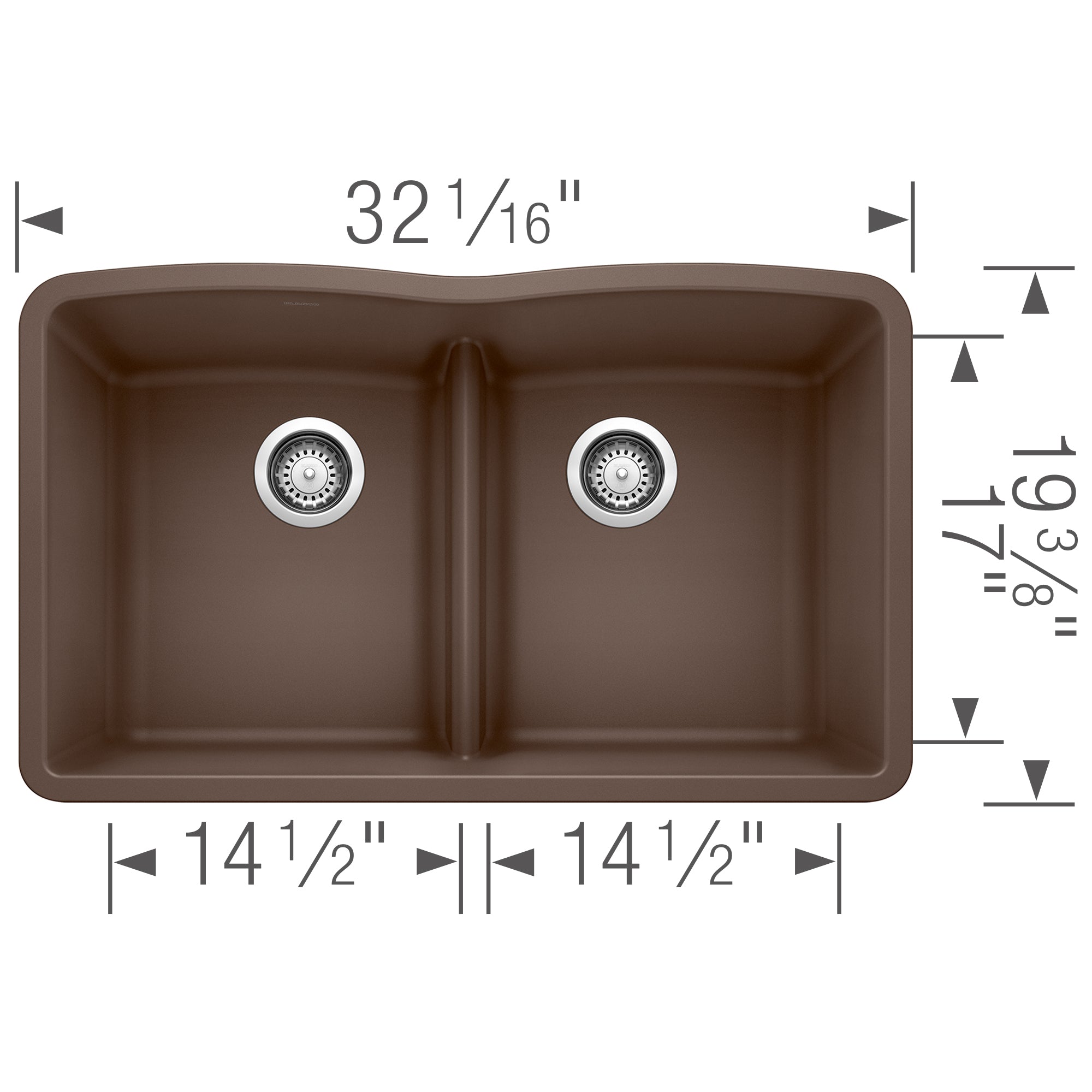 Cafe brown double bowl undermount sink with equal basins, low divide, and chrome drains, 32 1/16" wide.