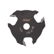 Black slotting cutter with three carbide wings, central mounting hole, and Freud branding visible on face.