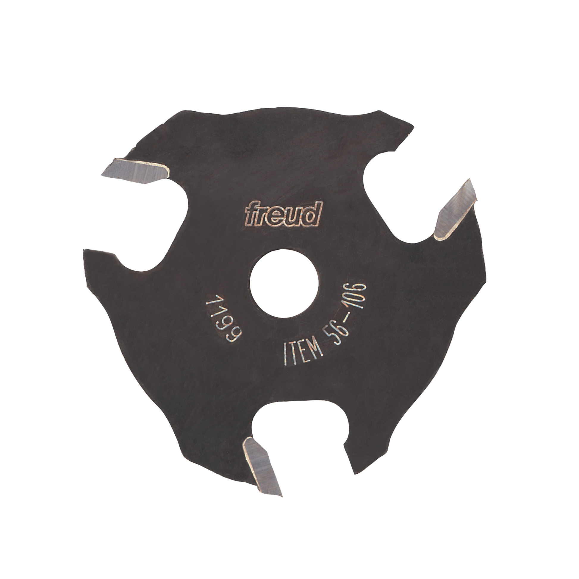 Black slotting cutter with three carbide wings, central mounting hole, and Freud branding visible on face.