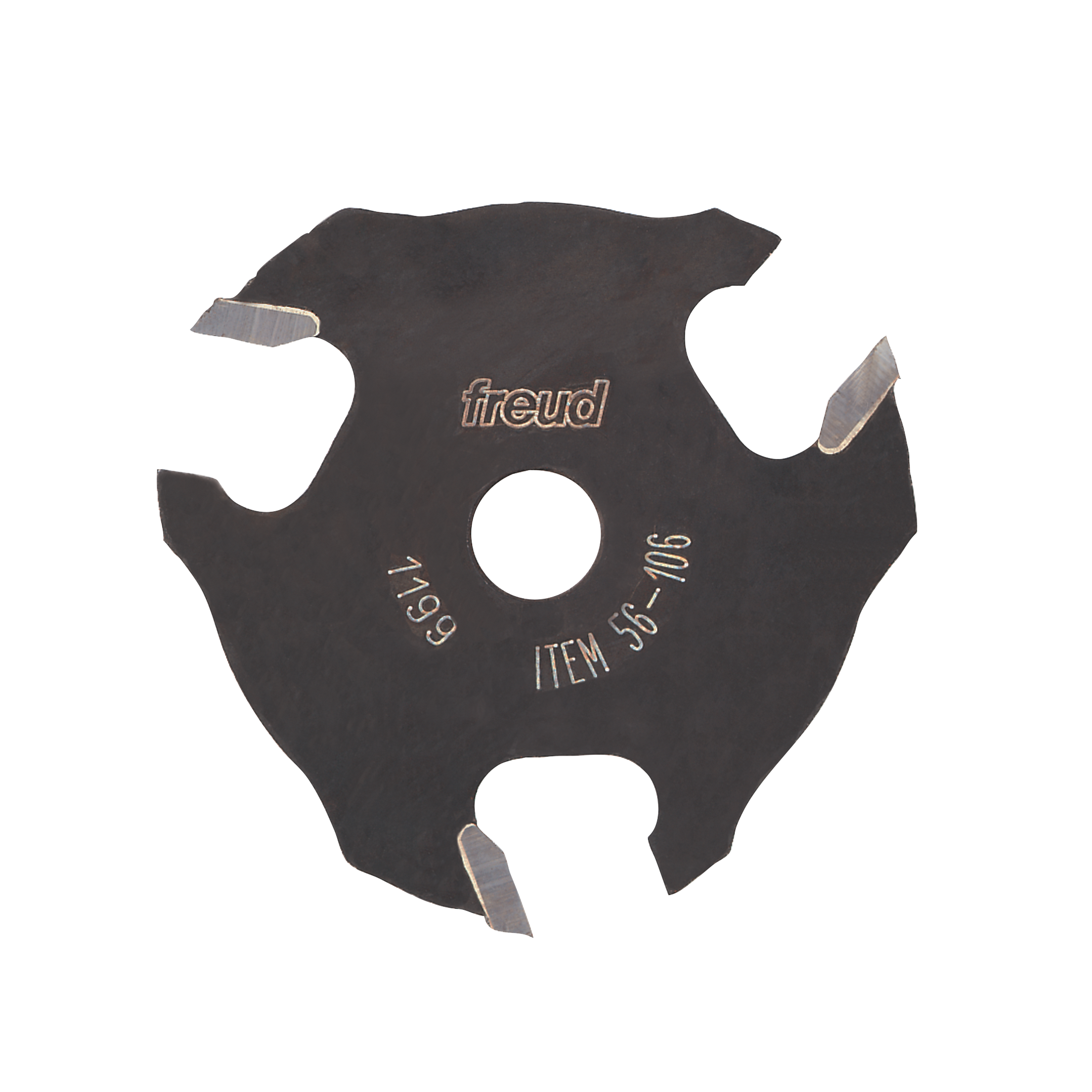 Black slotting cutter with three carbide wings, central mounting hole, and Freud branding visible on face.