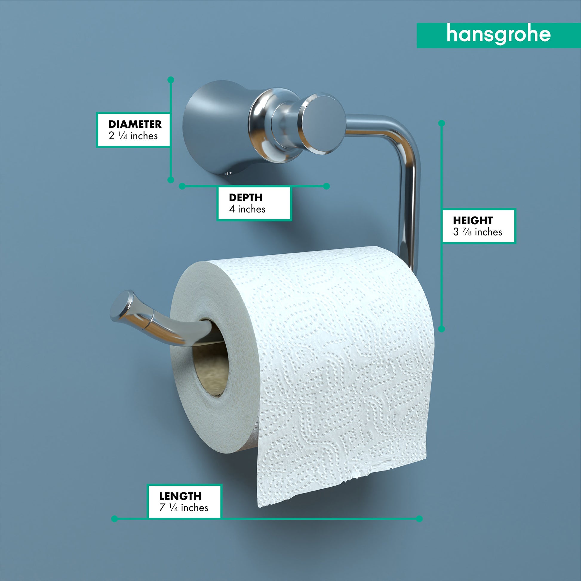 Chrome toilet paper holder with curved arm and cylindrical roll holder, shown with white tissue paper roll and dimension meas
