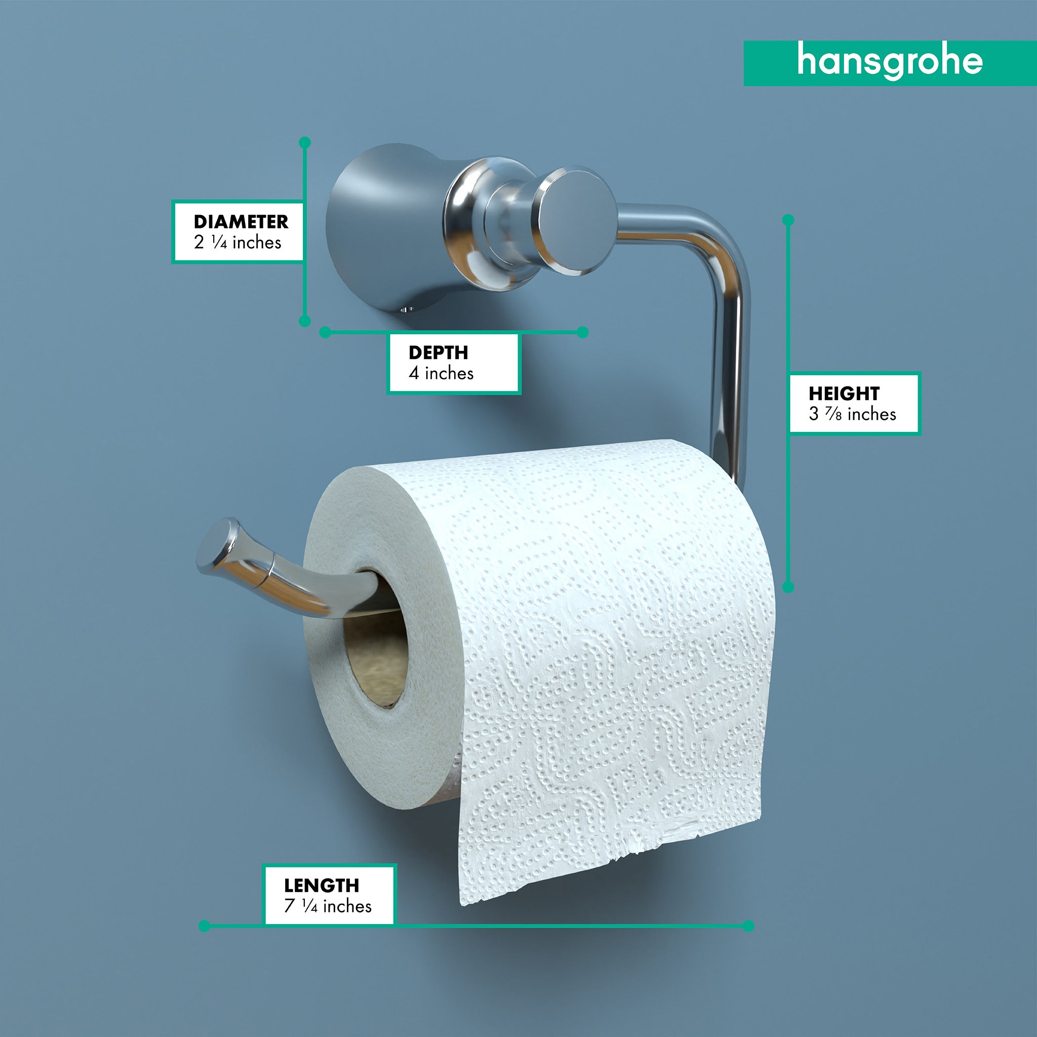 Chrome toilet paper holder with curved arm and cylindrical roll holder, shown with white tissue paper roll and dimension meas