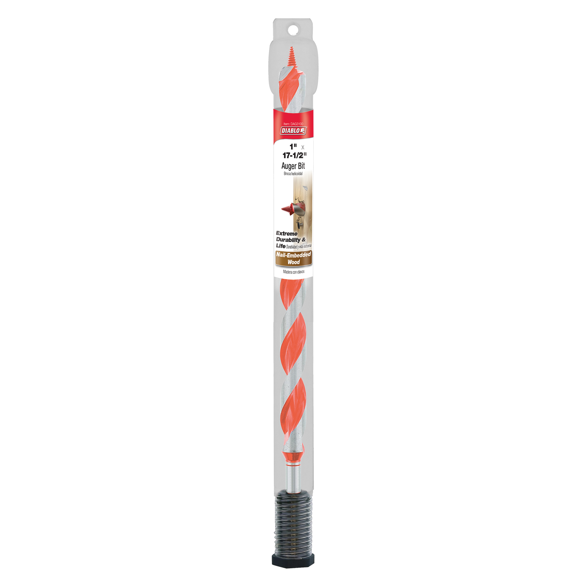 Diablo red and gray auger bit with spiral flutes and threaded tip in packaging.