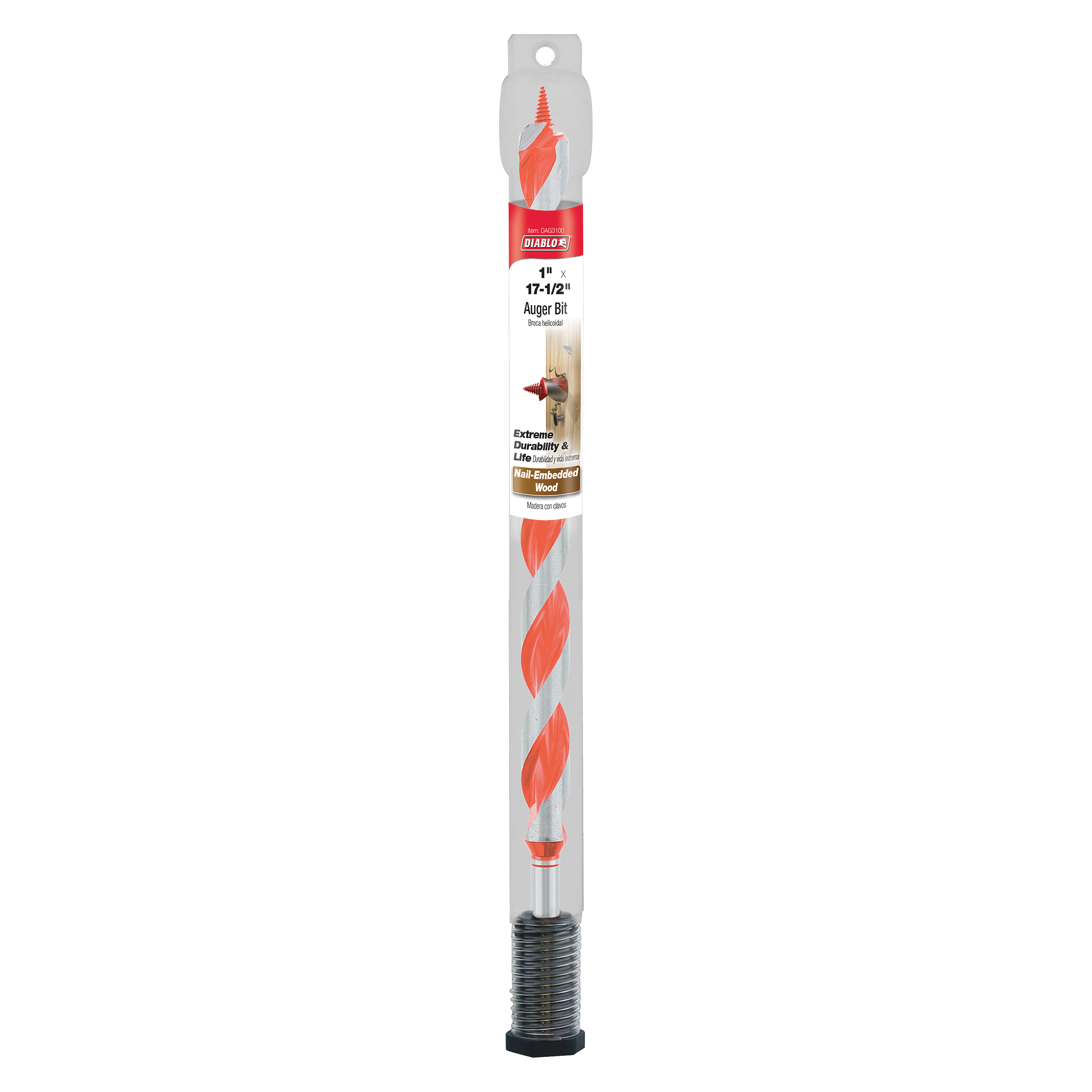 Diablo red and gray auger bit with spiral flutes and threaded tip in packaging.