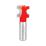 Silver router bit with red shank and half-round cutting head with curved profile edges.