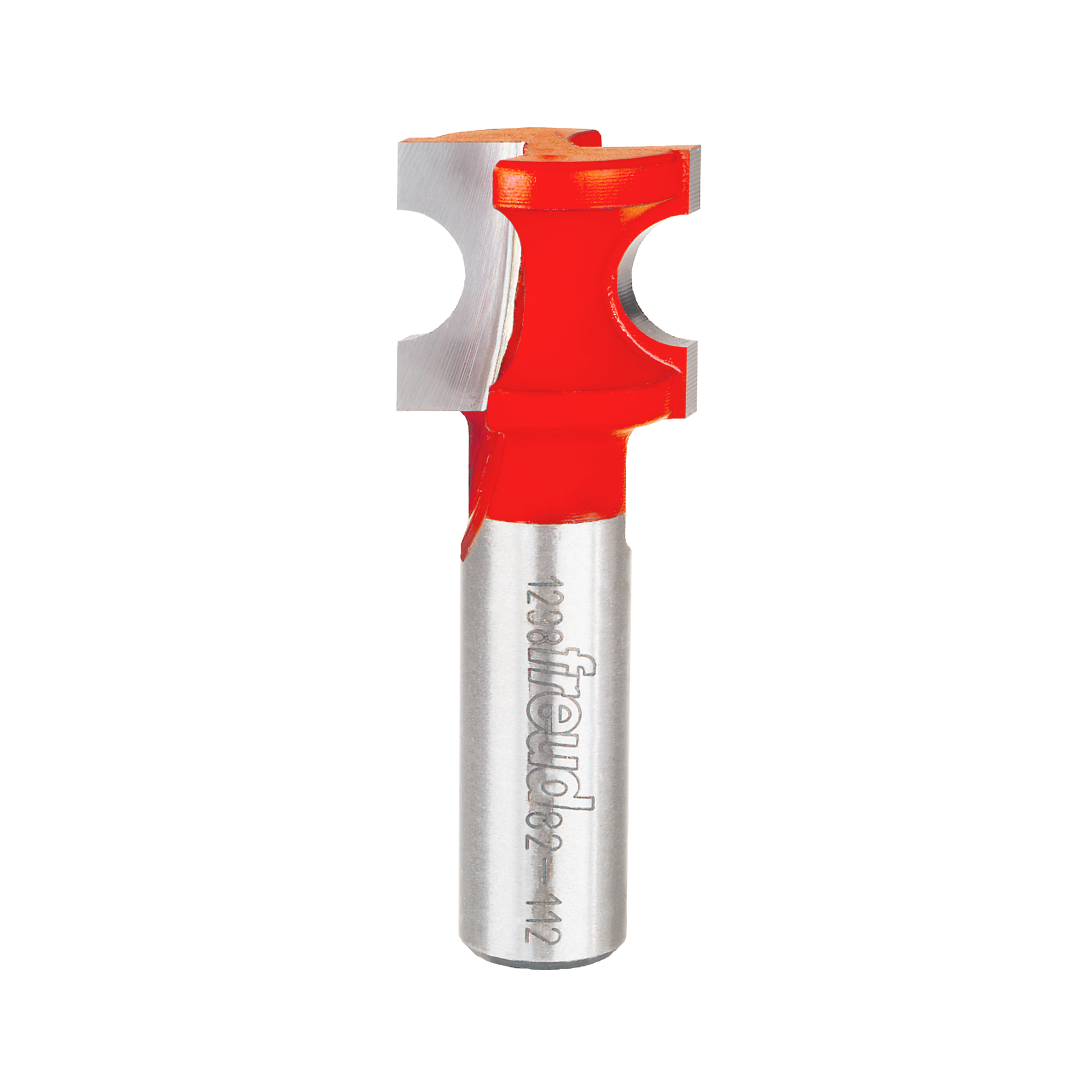 Silver router bit with red shank and half-round cutting head with curved profile edges.