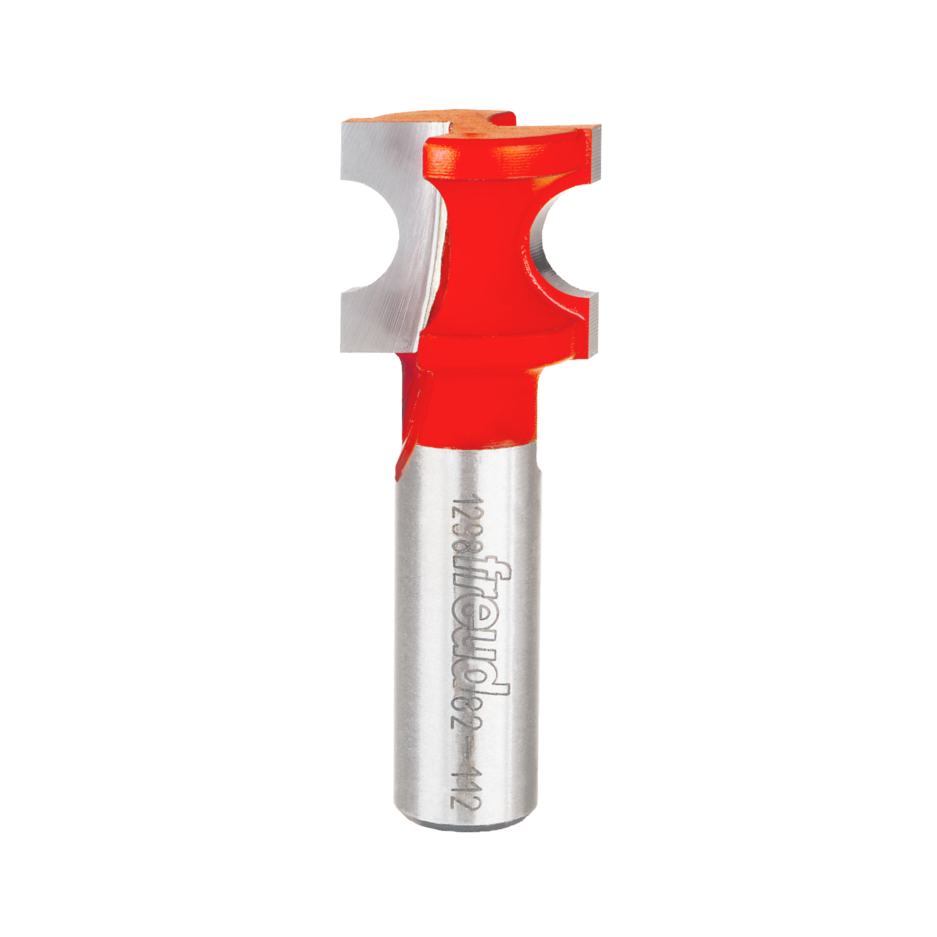 Silver router bit with red shank and half-round cutting head with curved profile edges.