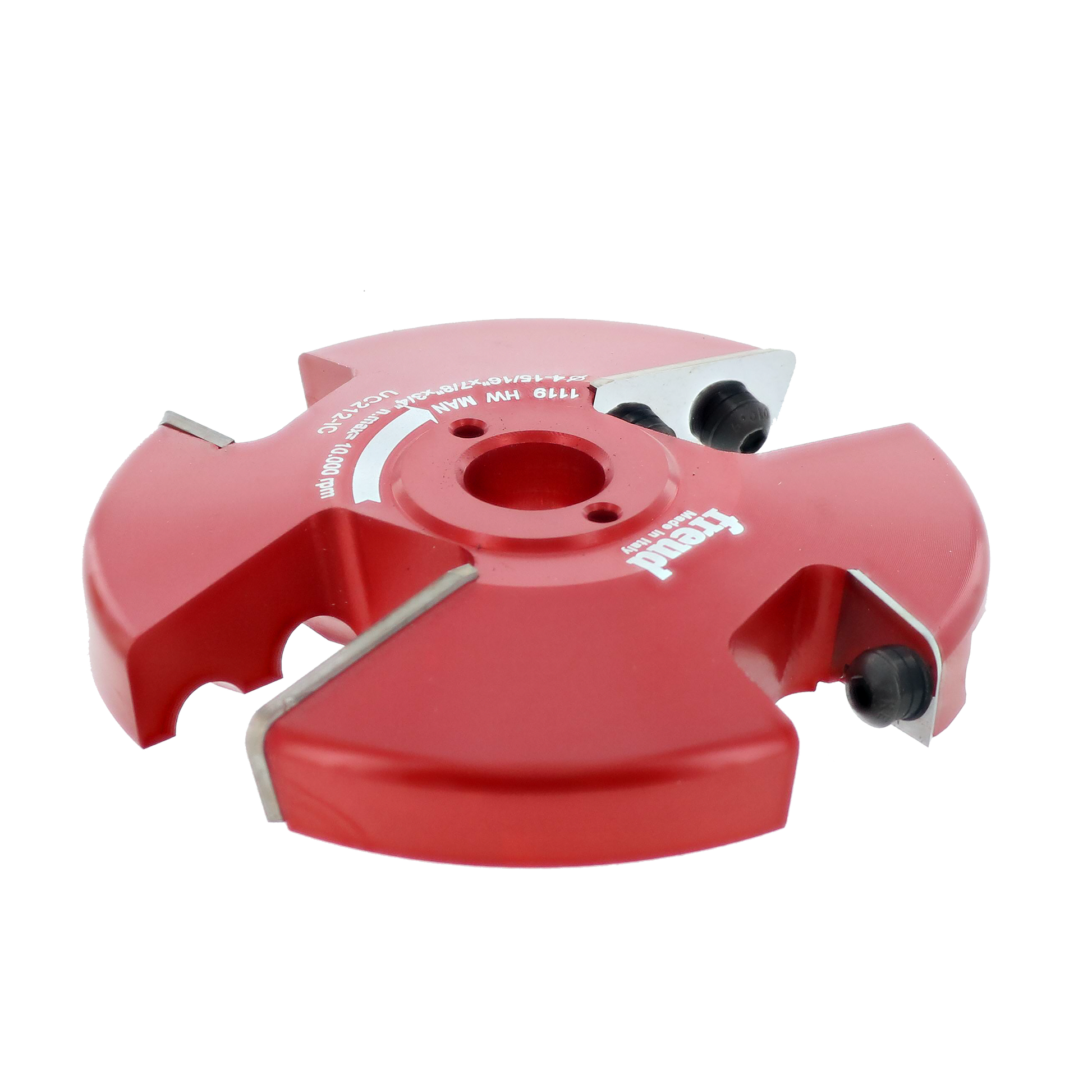 Red Freud router cutter head with four cutting blades and central arbor hole mounted on white background.
