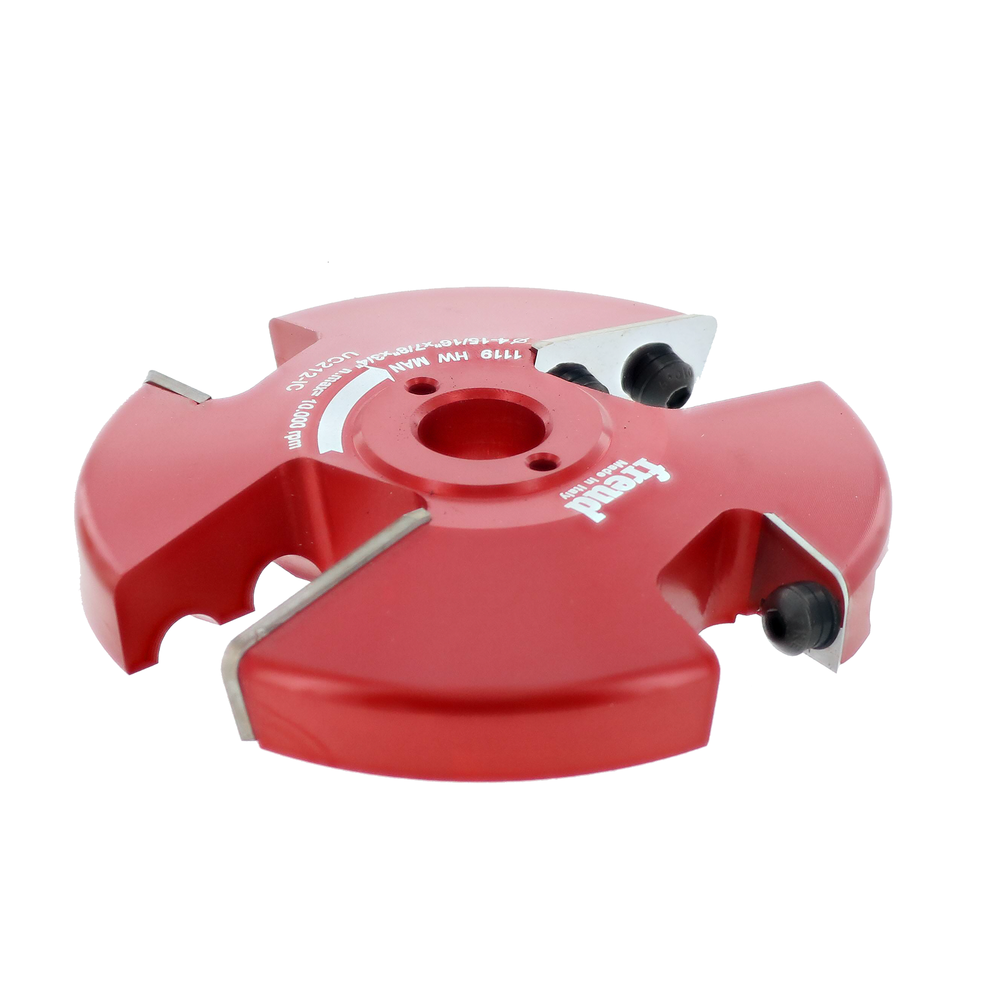 Red Freud router cutter head with four cutting blades and central arbor hole mounted on white background.